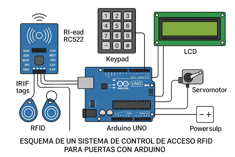 Esquema de conexión de una cerradura controlada por teclado numérico con Arduino.