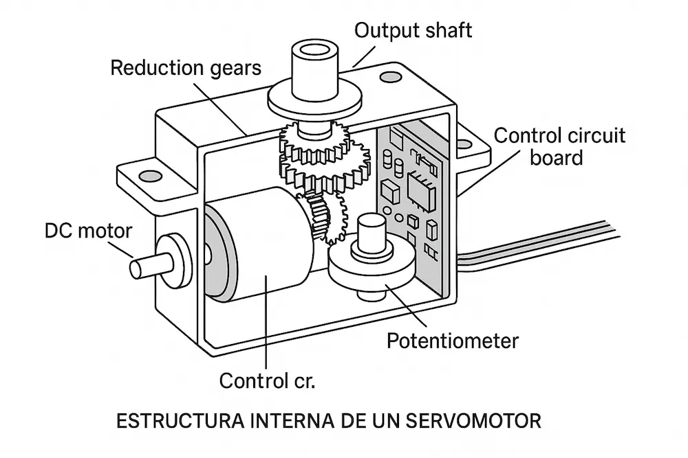 Estructura interna de un servomotor, mostrando sus componentes clave.