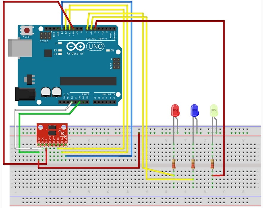 Acelerómetro ADXL335 con Arduino Uno conectado y reflejado en leds