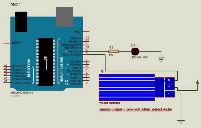 sensor de agua Arduino esquema 707x450 - Sensor Arduino, Detector de Agua