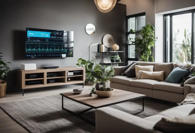 Una sala de estar moderna con dispositivos de hogar inteligente controlados por proyectos avanzados de Arduino