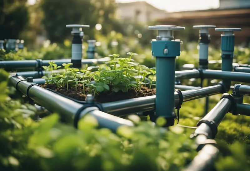 Un jardín con varias plantas y una red compleja de tubos y sensores conectados a una placa Arduino, controlando el sistema de riego automatizado.